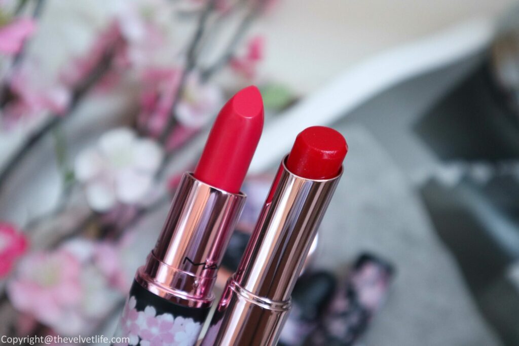 MAC Cosmetics Cherry Blossom Spring 2021 collection review swatches Lipstick in Dramarama, Jelly Lip Balm in Fleur Welcome
