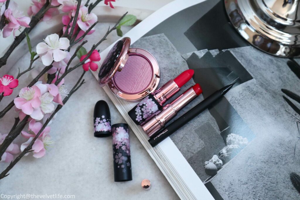 MAC Cosmetics Cherry Blossom Spring 2021 collection review swatches Extra Dimension Blush in Dilly-Dolly, Lipstick in Dramarama, Jelly Lip Balm in Fleur Welcome, and 24H Ultra Fine Liquid Eyeliner