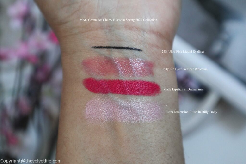 MAC Cosmetics Cherry Blossom Spring 2021 collection review swatches Extra Dimension Blush in Dilly-Dolly, Lipstick in Dramarama, Jelly Lip Balm in Fleur Welcome, and 24H Ultra Fine Liquid Eyeliner