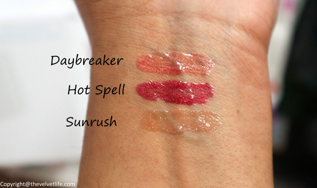 Nars Afterglow Lip Shine lipgloss Review swatches daybreaker, hot spell, sunrush