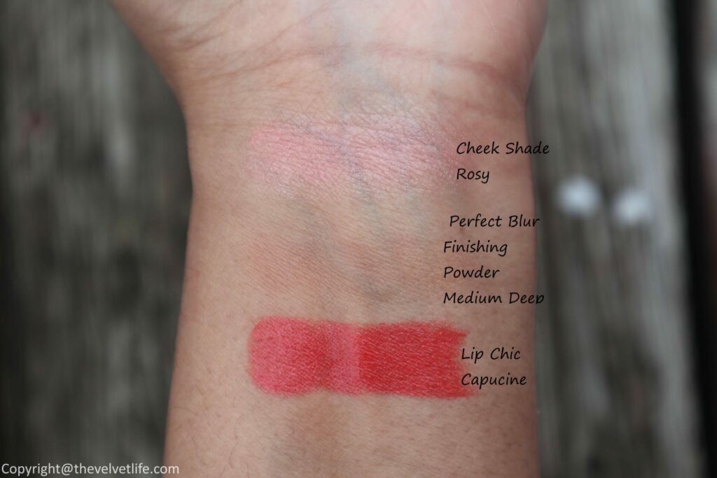Chantecaille Flower Power Collection Perfect Blur finishing powder, Lip Chic, Cheek Shade review swatches
