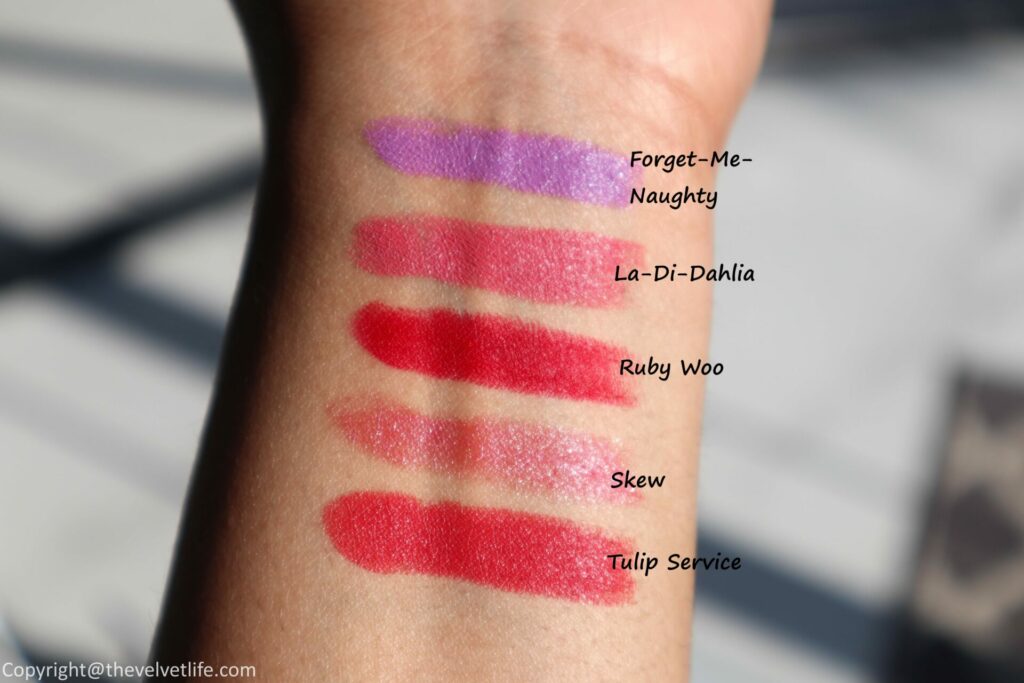 MAC Cosmetics Botanic Panic Lipstick Review swatches forget-me-naughty, la-di-dahlia, ruby woo, skew, tulip service