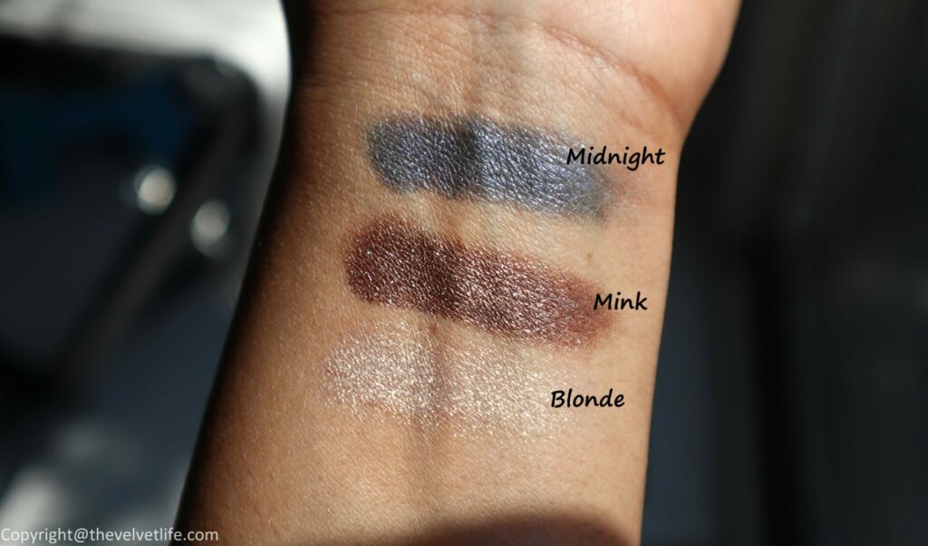 Victoria Beckham Beauty Lid Lustre Review swatches mink, midnight, blonde