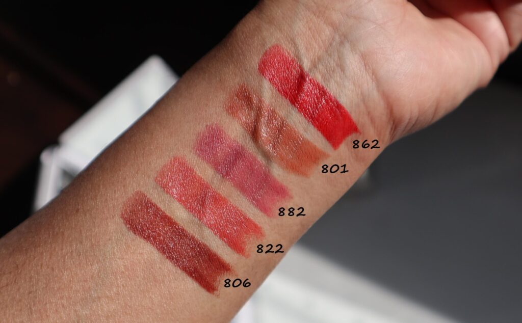 NARS Be Explicit Lipstick Swatches 862, 801, 882, 822, 806