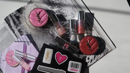 Yves Saint Laurent Loveshine lipsticks and Make Me Blush swatches in shades 10 Stardust Love and 12 Honey Moon